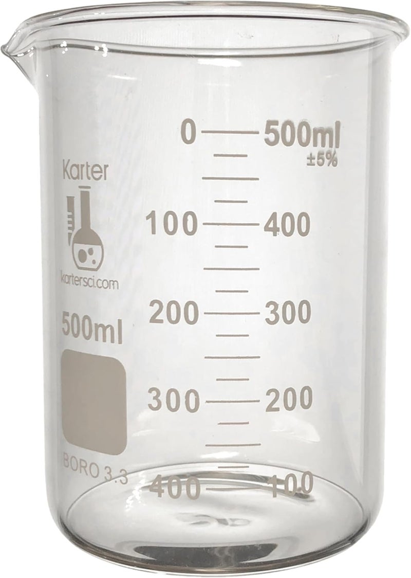 Karter Scientific 500ml Low Form Griffin Beaker Set - Borosilicate 3.3 Glass, Double Scale, Graduated (Pack of 6) - Image 4